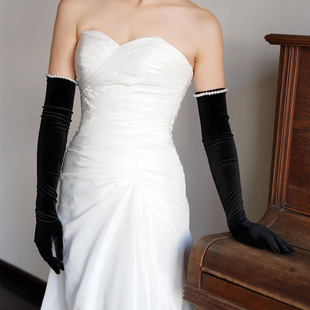 Wg179 French Hepburn Style Retro Handmade Beaded Black Long Velvet Bridal Wedding Gloves