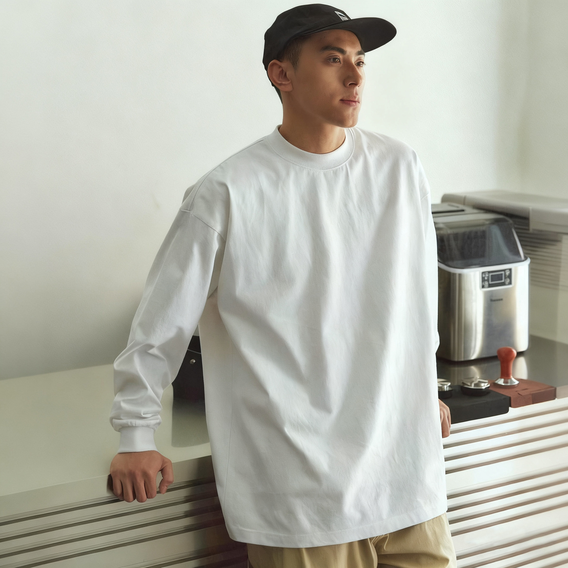 Camiseta básica blanca de manga larga 260 g, algodón grueso para hombre, estilo suelto americano