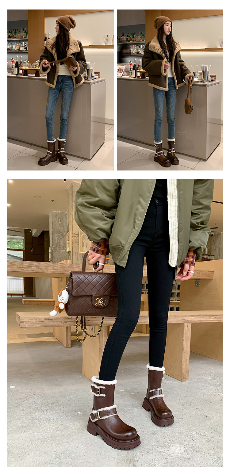 Boot tuyết nữ cổ thấp đế dày phong cách Anh, có khóa thắt lưng, lót lông ấm — màu đen chi tiết 24