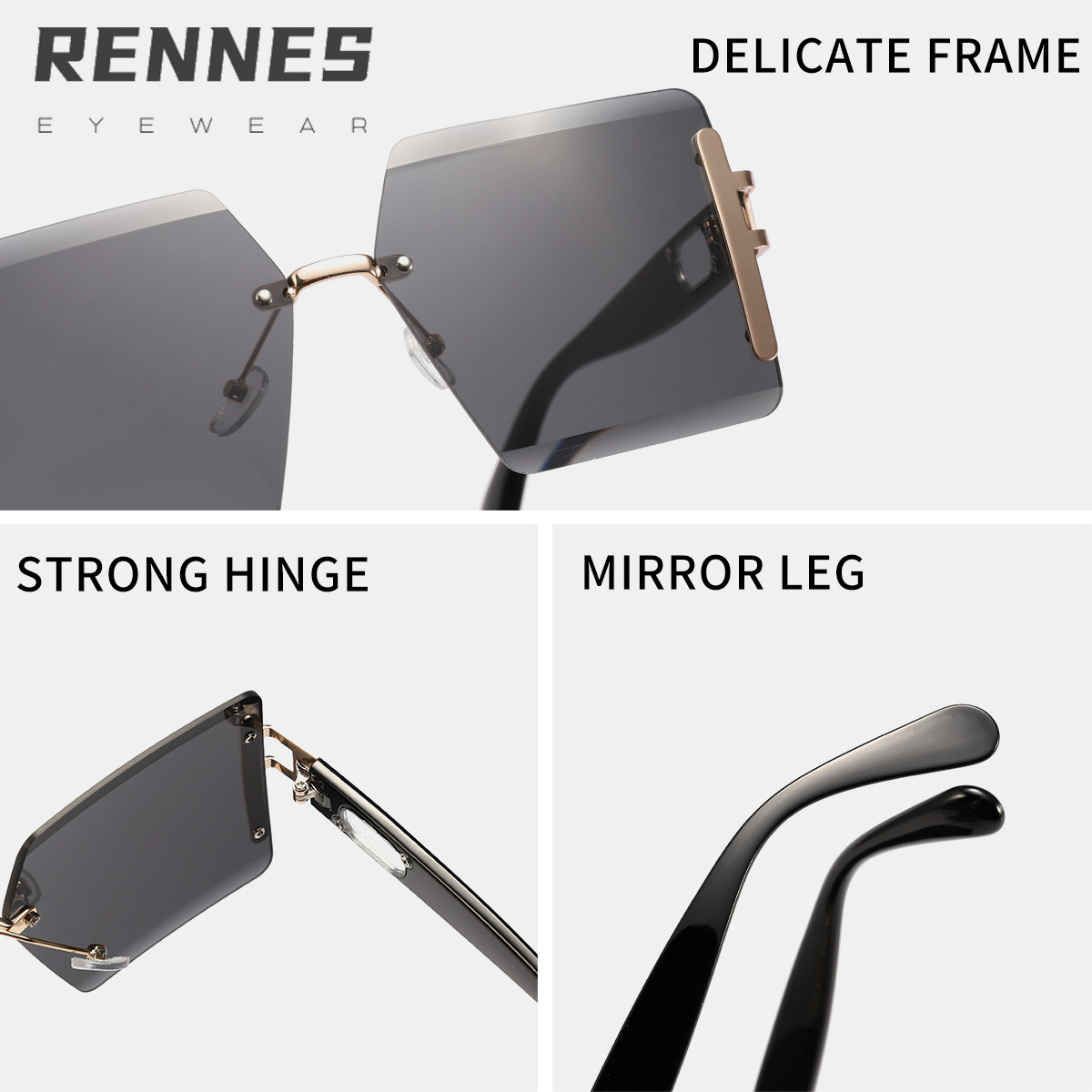 Nuevas gafas de sol cuadradas sin marco multicolores transfronterizas, gafas de sol de protección solar de pasarela de lujo ligero europeo y americano para mujeres Sunglasses