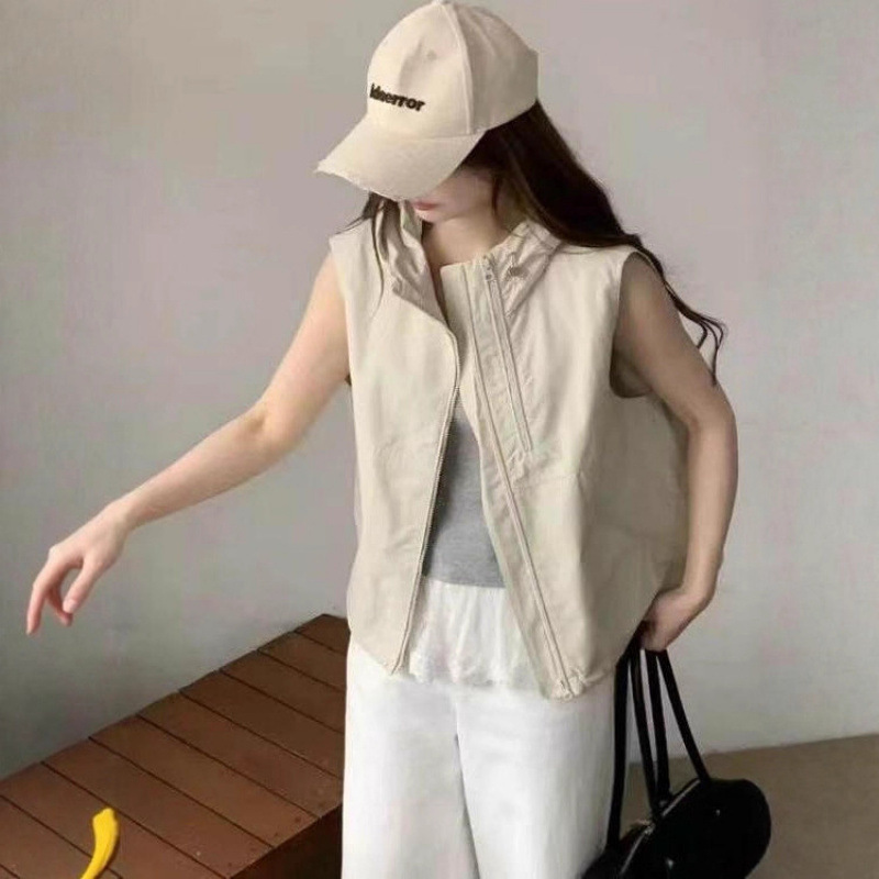 Niche Double Zipper Hooded Work Vest Jacket for Women 2025 Spring and Summer New Loose Korean Casual Vest Top