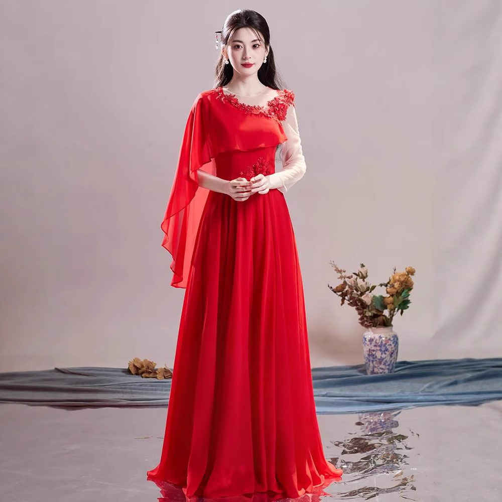 2026 New Red Chorus Dress for Guzheng Performance, Adult Women's Chinese Style Folk Music Pipa Performance Attire