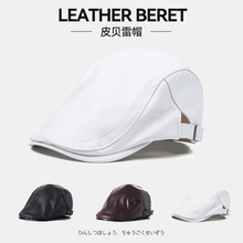 秋冬季外贸皮革贝雷帽老年人保暖加绒加厚前进帽男防风皮质贝雷帽