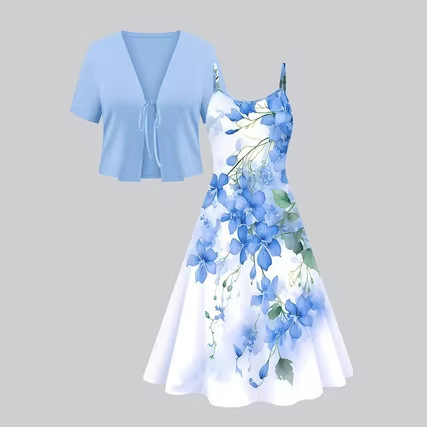 Cross-Border European and American Independent Website New Product: Stylish Commuter Two-Piece Set with V-Neck Strap Dress and Digital Print Cross-Border European and American Independent Website New Product: Stylish Commuter Two-Piece Set with V-Neck Strap Dress and Digital Print