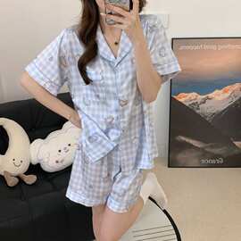 ins 韩系格纹小象印花睡衣女夏薄款冰丝开衫翻领软妹居家两件套
