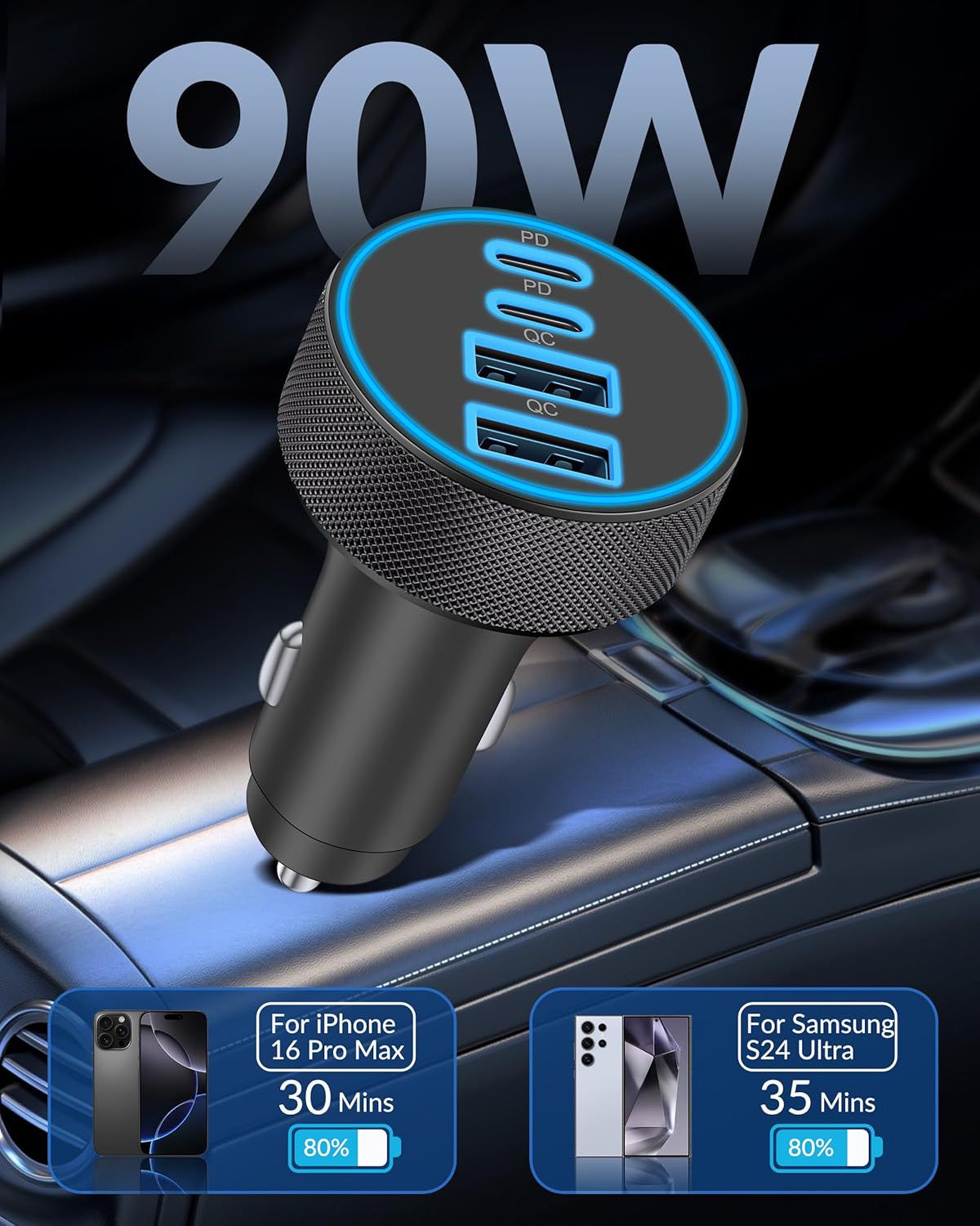 Cross-border one-to-four aluminum alloy super fast charging dual PD30W dual QC cigarette lighter car mobile phone charger factory
