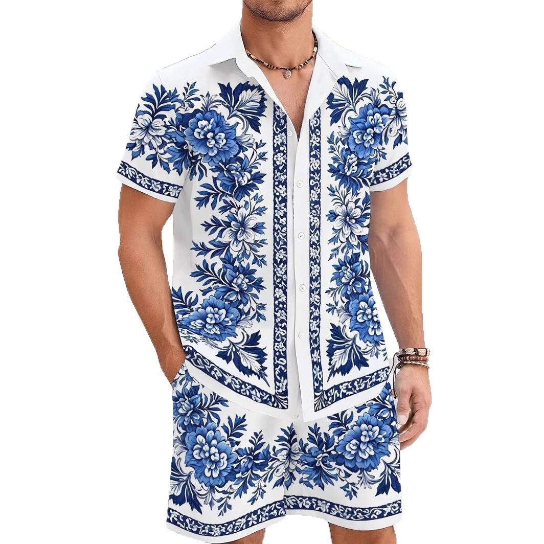 Patrón de flores retro Impresión digital 3D Comercio exterior Xiyin Summer Hawaii Vacaciones Camisa Shorts Conjunto 2 piezas