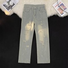 アメリカのジーパンの男性の夏の薄いタイプのアメリカの高い街のvibeの水洗いは穴の潮の札のゆったりしているまっすぐな筒のカジュアルなズボンを破ります。
