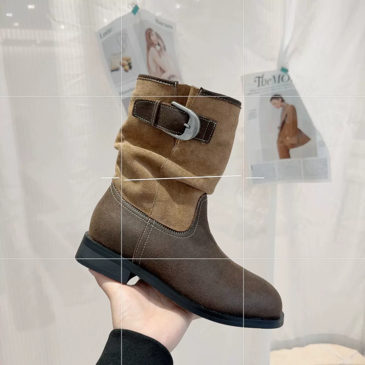 复古金属搭扣堆堆靴女2025年秋冬新款中筒骑士靴拼接褶皱西部靴子