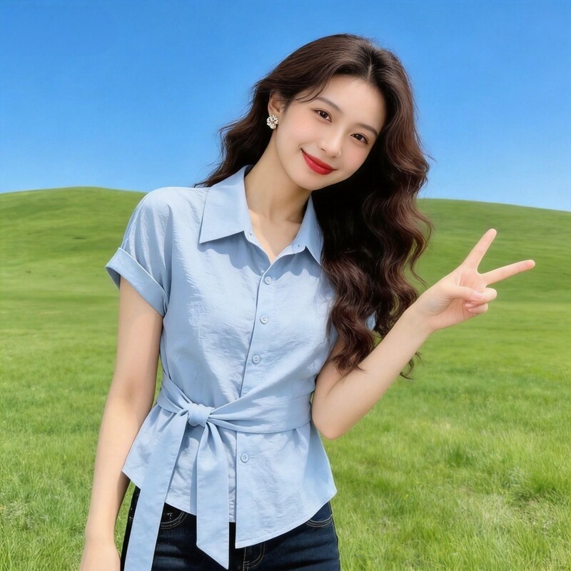 Summer New Korean-Style Fashion Lapel Tie-Waist Shirt for Women, Unique Design, Versatile, Elegant, and Figure-Flattering Top