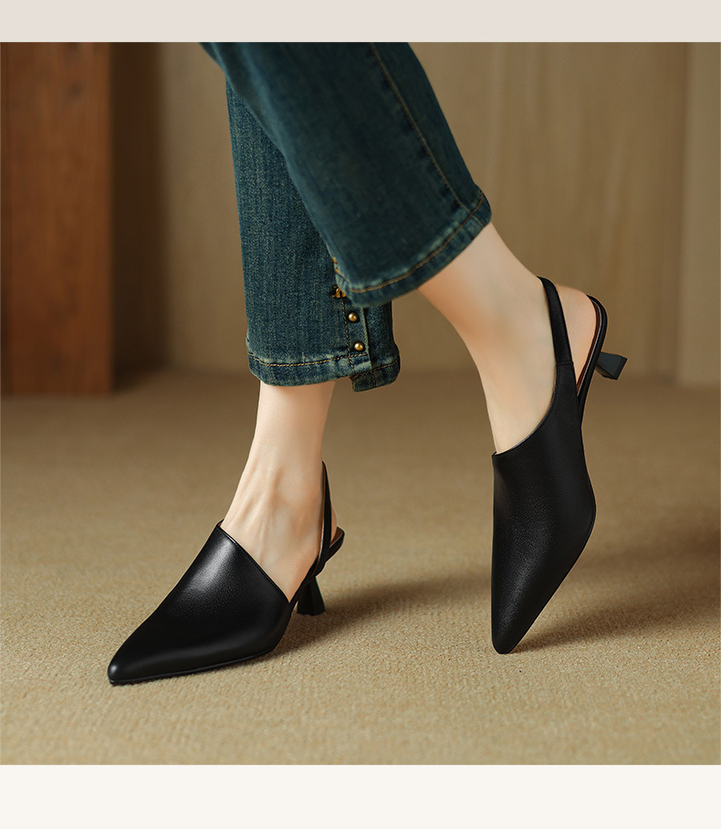 Giày sandal cao gót nữ mũi nhọn kiểu Pháp, da bò thật, gót mèo, hở mũi hở lưng — đen chi tiết 8