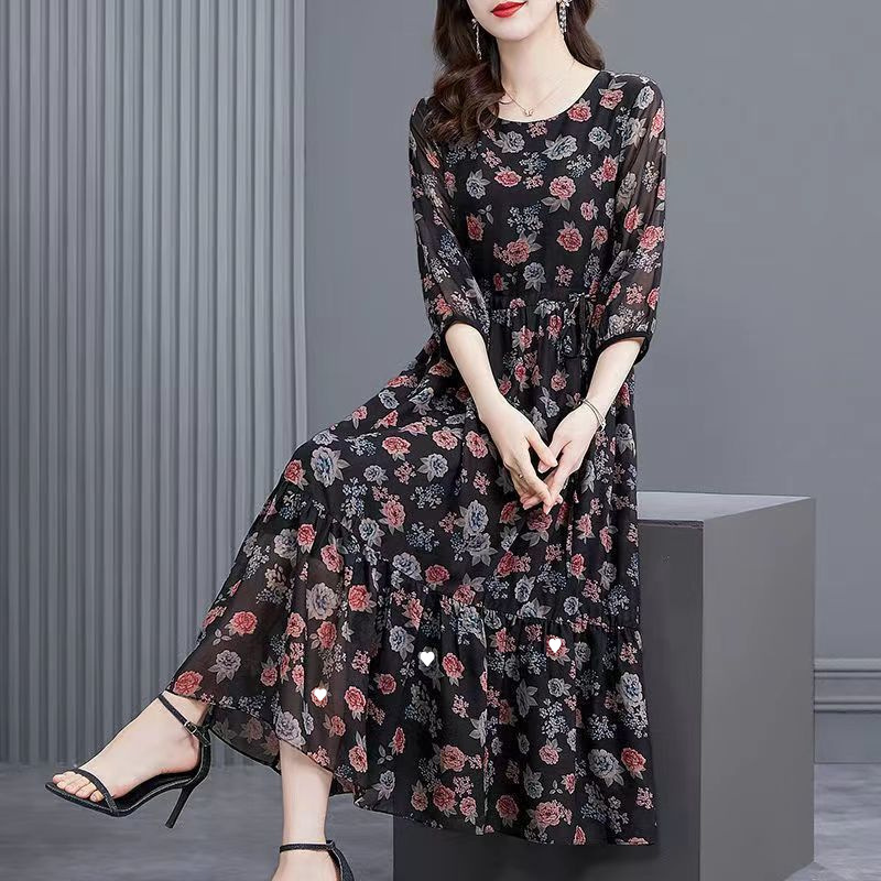 精品网纱中老年大码长款气质连衣裙女2022年夏季新款宽松显瘦中长