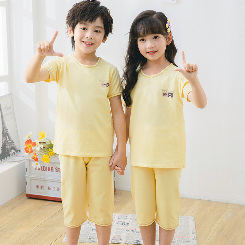 Children's Pajamas Boy's Short-sleeved Cotton Summer Thin Girls' Home Clothes suit Little Boy's Medium and Large Children's Air-conditioning Clothes