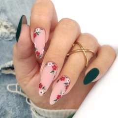 Natural and Fresh Green Flower Retro Matte Texture Nail Art, Almond-Shaped Artificial Nails for Western and Eastern Girls, Instagram Style