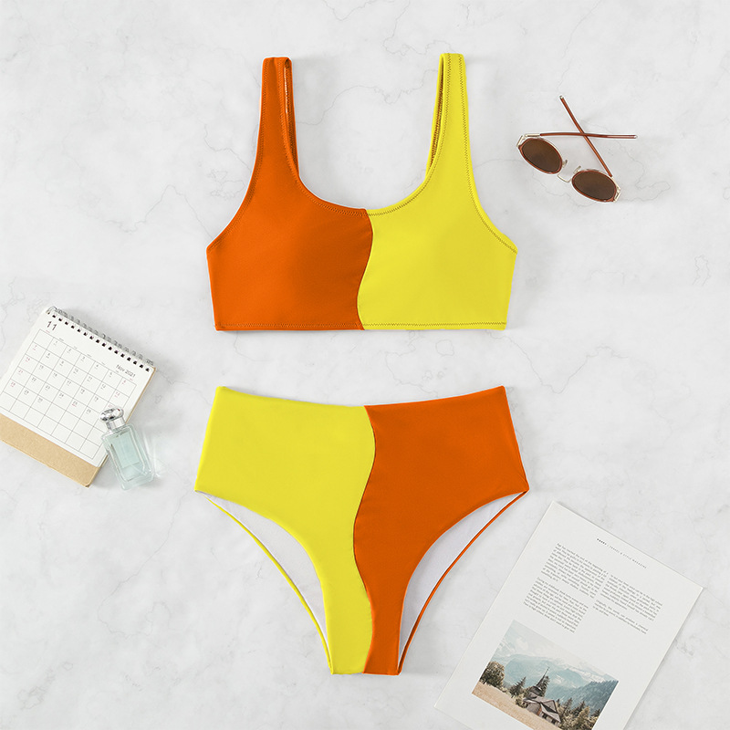 Bikini set donna a vita alta color block due pezzi sexy costume mare_voghion.com