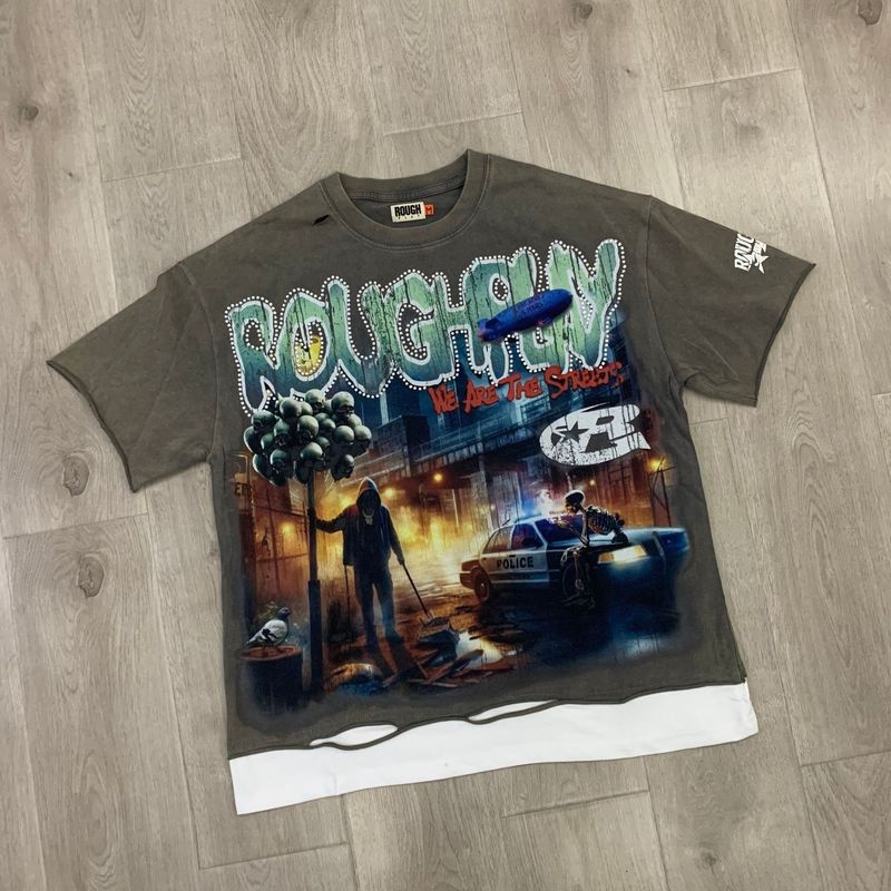 美潮RoughPlay短袖纯棉t恤圆领字母高街休闲宽松情侣字母跨境专供|undefined