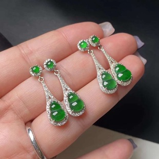 A pair of natural jadeite jade earrings with 925 silver inlaid gourd