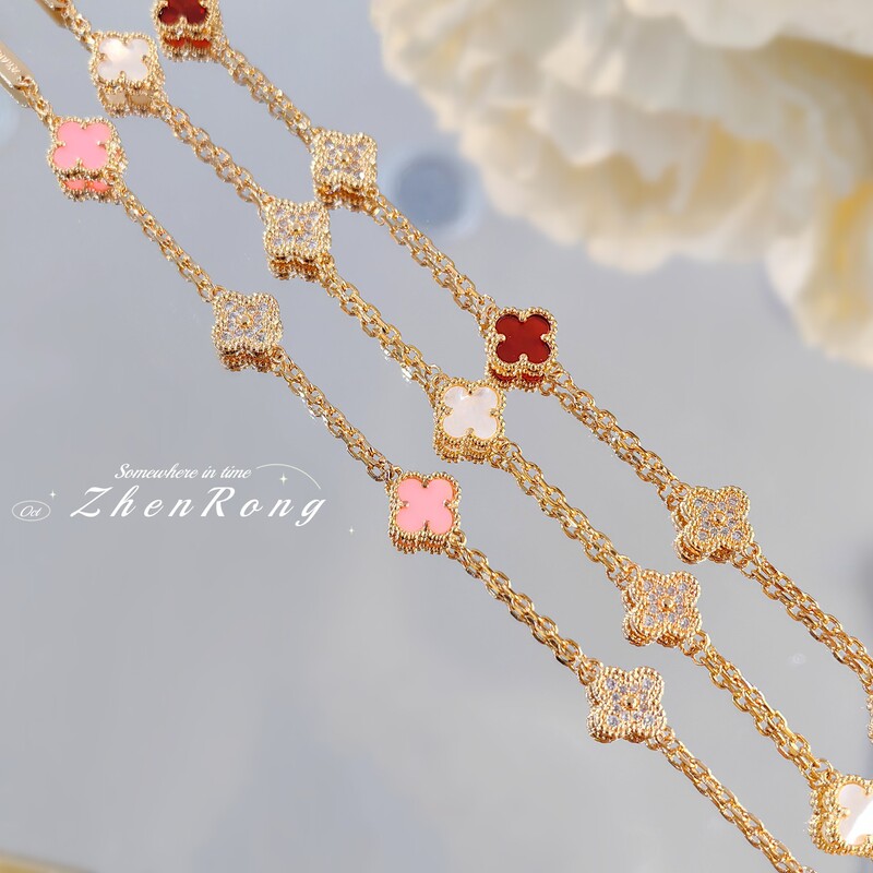 High Version Van Home Mini Four-leaf Grass Red Chalcedony Bracelet V Gold Powder Intercrystalline Diamond Lucky Grass White Fritillaria Bracelet for Women