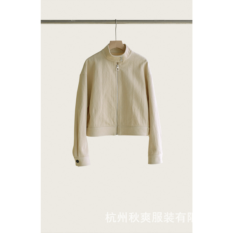 Spring and Summer New Style Women's Loose Casual Minimalist Herringbone Pattern Stand Collar Jacket Zipper Versatile Fashionable Short Top