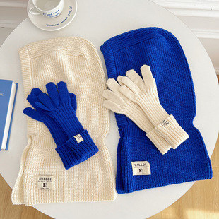 Autumn and Winter solid color all-match knitted wool hat balaclava women's Korean-style collar closed toe gloves two-piece set