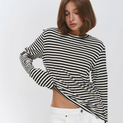 Cross-border long-sleeved striped T-shirt European and American 2025 autumn and winter commuting slim round neck cotton undershirt long-sleeved shirt women's 