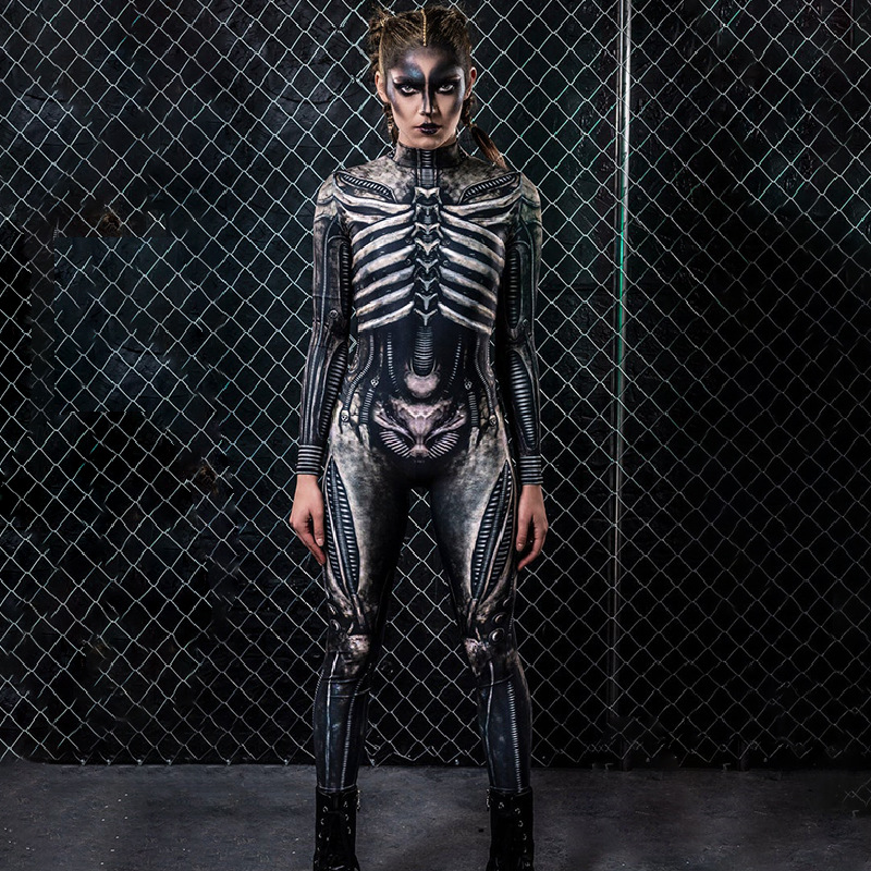 FD518 Disponible en stock. Mono ajustado de fiesta con estampado de esqueleto para mujer, Halloween 2025.