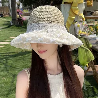 蕾丝雏菊遮阳草帽女夏季度假渔夫帽防晒法式海边沙滩遮阳太阳帽子