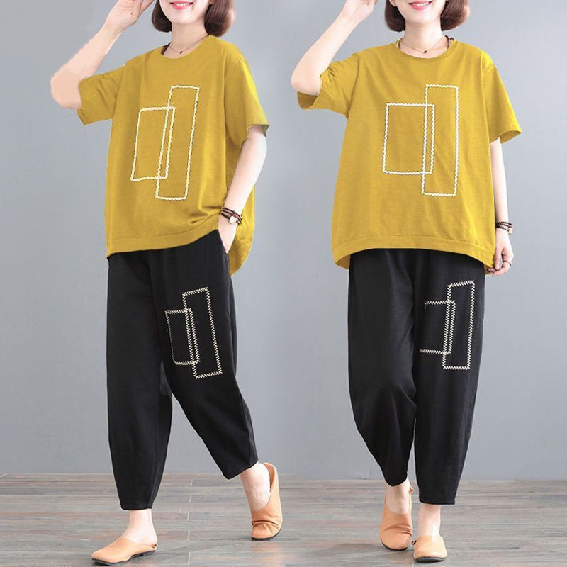 Plus Size Women's Middle-Aged and Elderly Casual Suits for Women 2025 Summer Loose Slimming Casual Sports Middle-Aged and Elderly Two-Piece Set