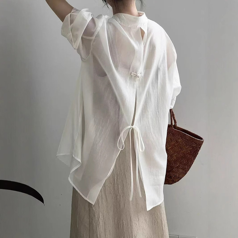 Back Button Tencel Shirt Women's Summer Gauze Sunscreen Pearlescent See-Through Back Slit Top Suspender Outer Cardigan