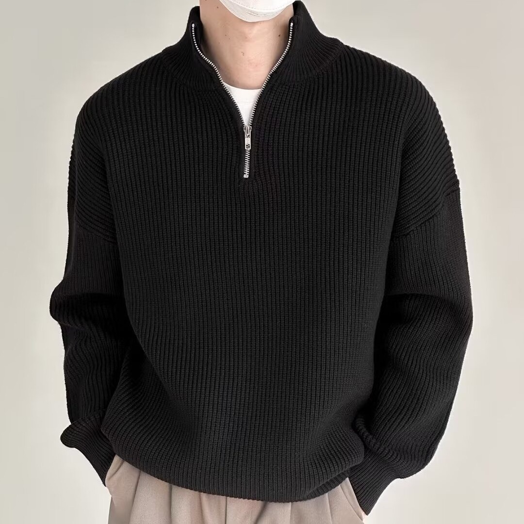 Suéter masculino de malha com meio zíper – Pulôver estiloso com tecido respirável e resistente a manchas (cinza/preto/azul/cáqui, tamanhos M-3XL)_voghion.com