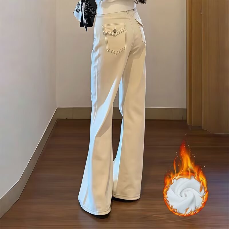 Loose-fitting flared long pants in off-white, women's spring and autumn new style, fleece-lined, high-waisted, slimming, loose-fitting, in apricot color Loose-fitting flared long pants in off-white, women's spring and autumn new style, fleece-lined, high-waisted, slimming, loose-fitting, in apricot color