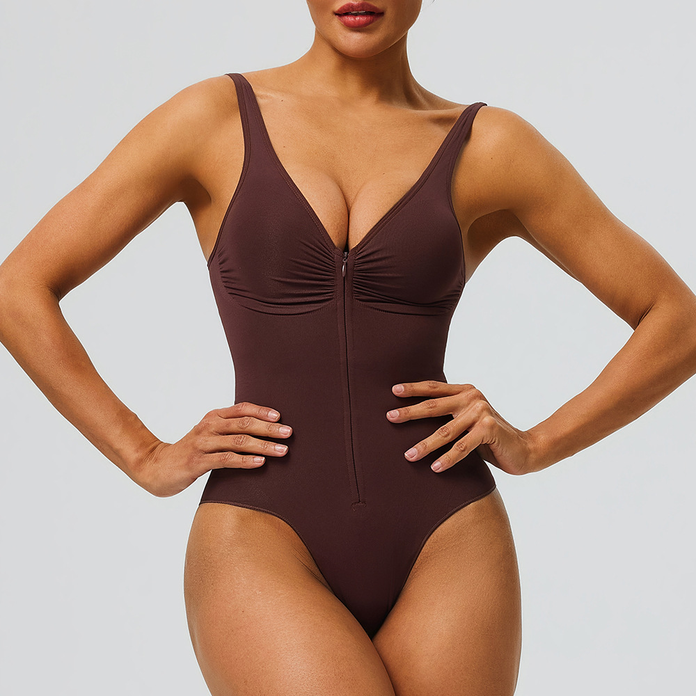 High Pressure Seamless Shapewear Bodysuit Tummy Control Gathering Underwear With Suspenders And Zippers_voghion.com