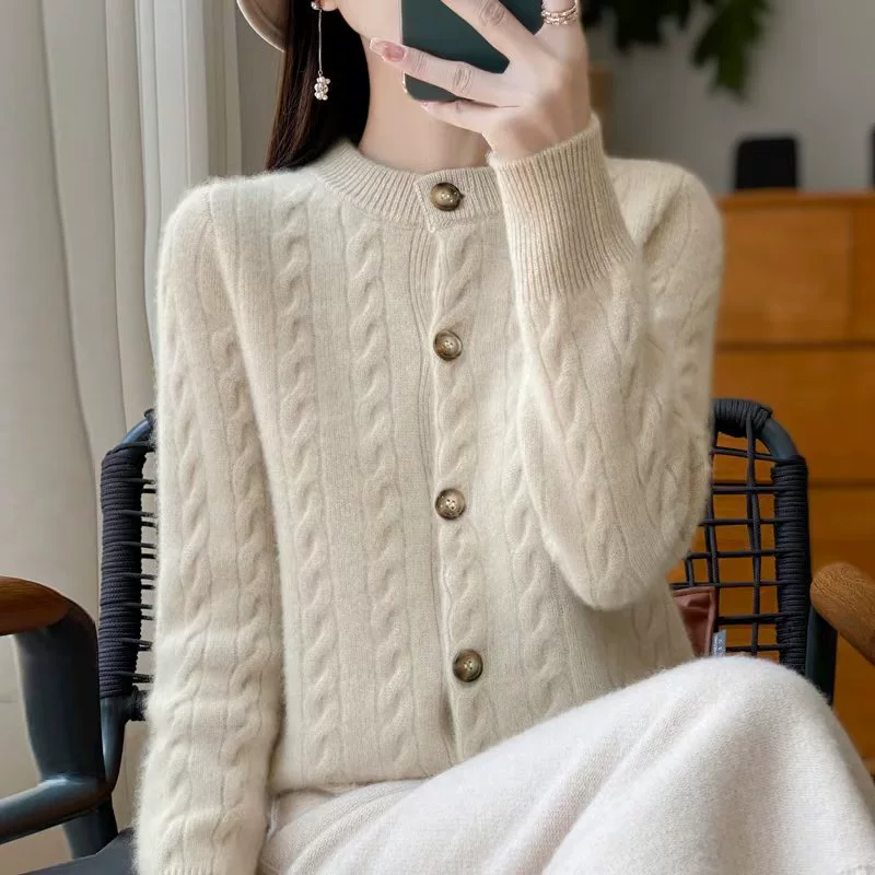 Шерстяной кардиган, свитер, куртка с круглым воротом, oversize