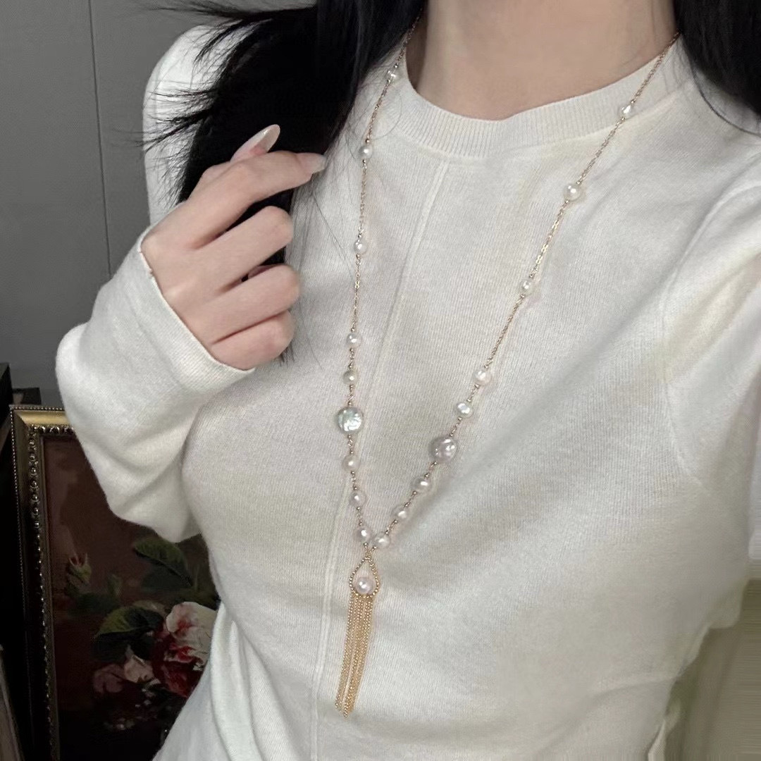 天然巴洛克淡水珍珠流苏项链女小众高级感轻奢高级感毛