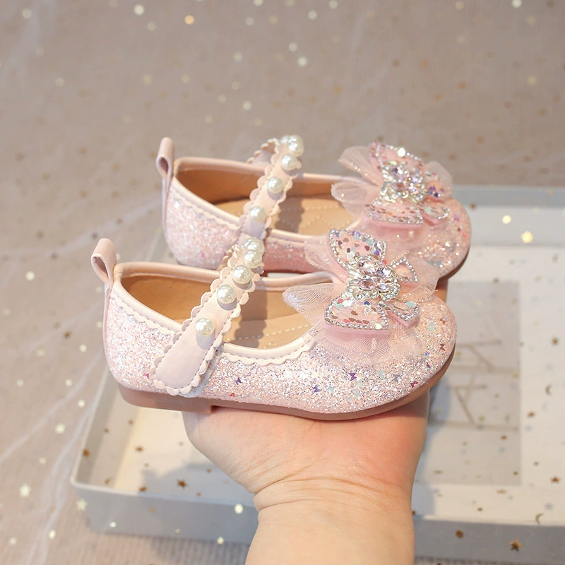 Footwear with rhinestones for princess, children's comfortable shoes for leather shoes, soft sole