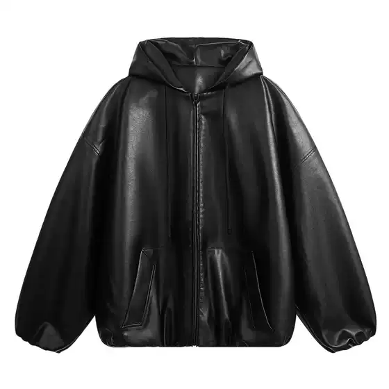 American-style Retro High Street Puppies Handsome PU Solid Color Black Leather Jacket Men's Spring and Autumn Hooded Loose Couple Jacket