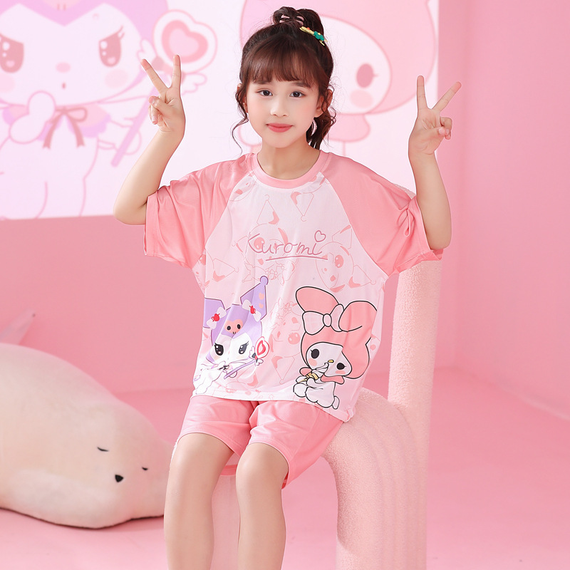Pijama de niñas hielo de verano delgado mangas cortas niños dibujos animados niños grandes niñas aire acondicionado ropa para padres e hijos