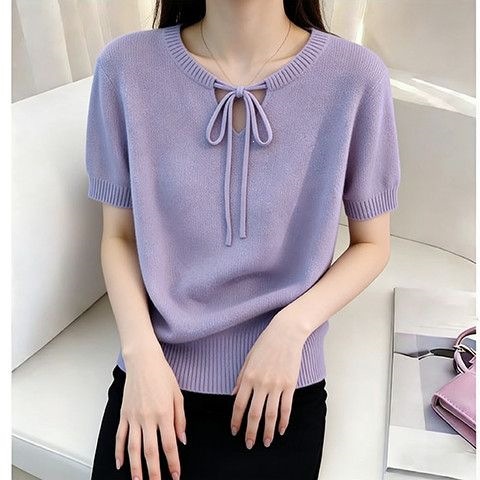 Áo thun nữ tay ngắn cổ tròn dáng rộng chất liệu dệt kim mỏng mùa hè — Xanh lá cây nhạtcolor, Màu tím. chi tiết 6