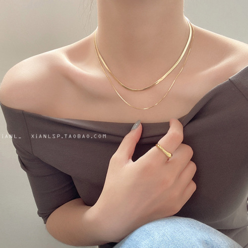 European and American minimalist style titanium steel double-layer snake bone chain retro metal trendy temperament short pendant necklace choker