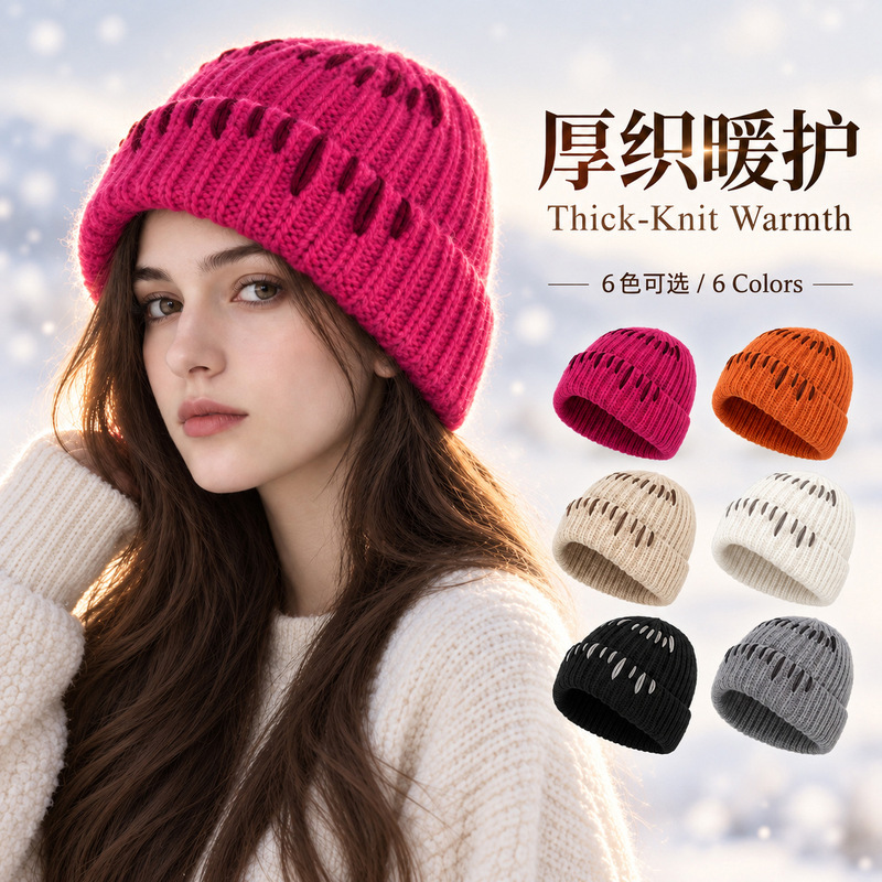 Cross-Border Knitted Wool Hat for Autumn and Winter, Color-Blocking, Thickened, Warm, Frost-Proof, Face-Slimming Beanie for Women