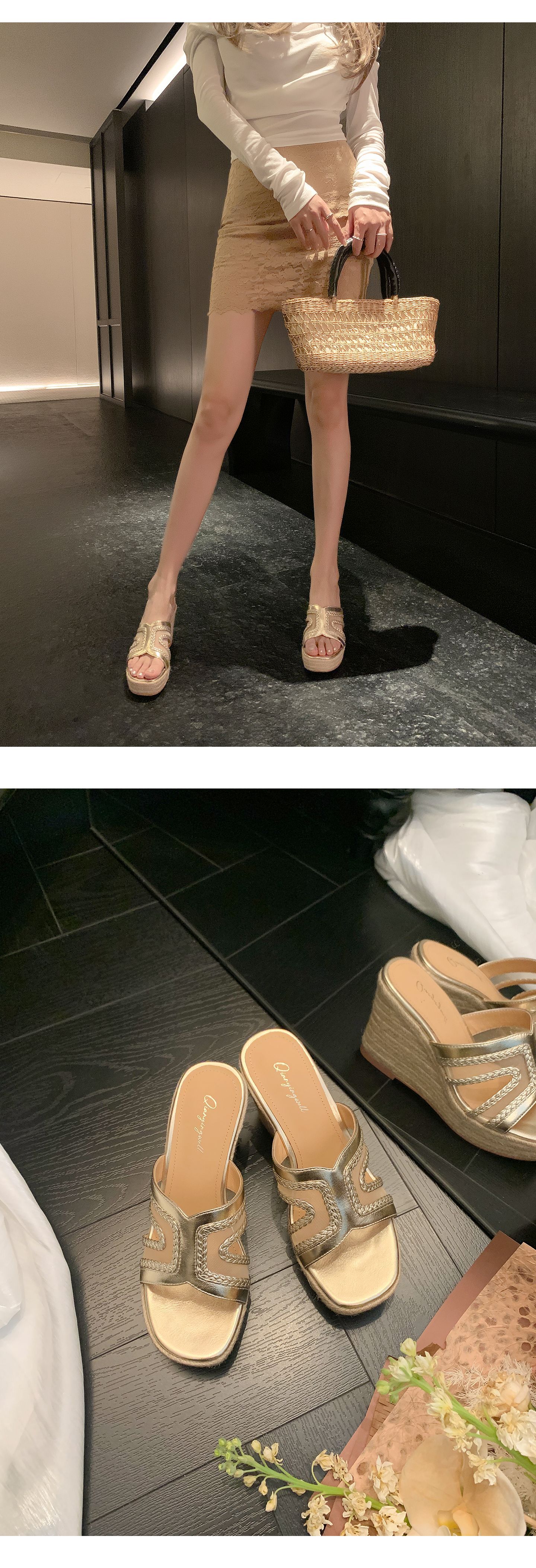 Sandal cao gót nữ hở mũi đế xuồng 9 cm, phong cách boho đan rơm — màu vàng, màu trắng ngà chi tiết 12