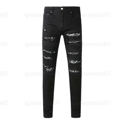 スポット春と秋のヨーロッパとアメリカのジーンズメンズストレッチスリムフィットパーソナライズロングパンツスプライシングリッピングレトロパッチパンツ|undefined