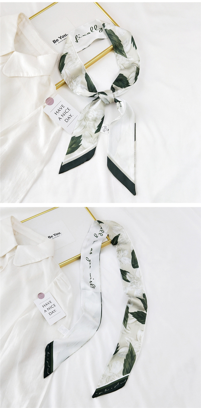 30g Weight Silk Scarf Classification Travel Occasion Unisex Gender Sweet Style White, Red, Green, Blue, Gold Color New Long Korean Style Fashion Printing Silk Scarf 17