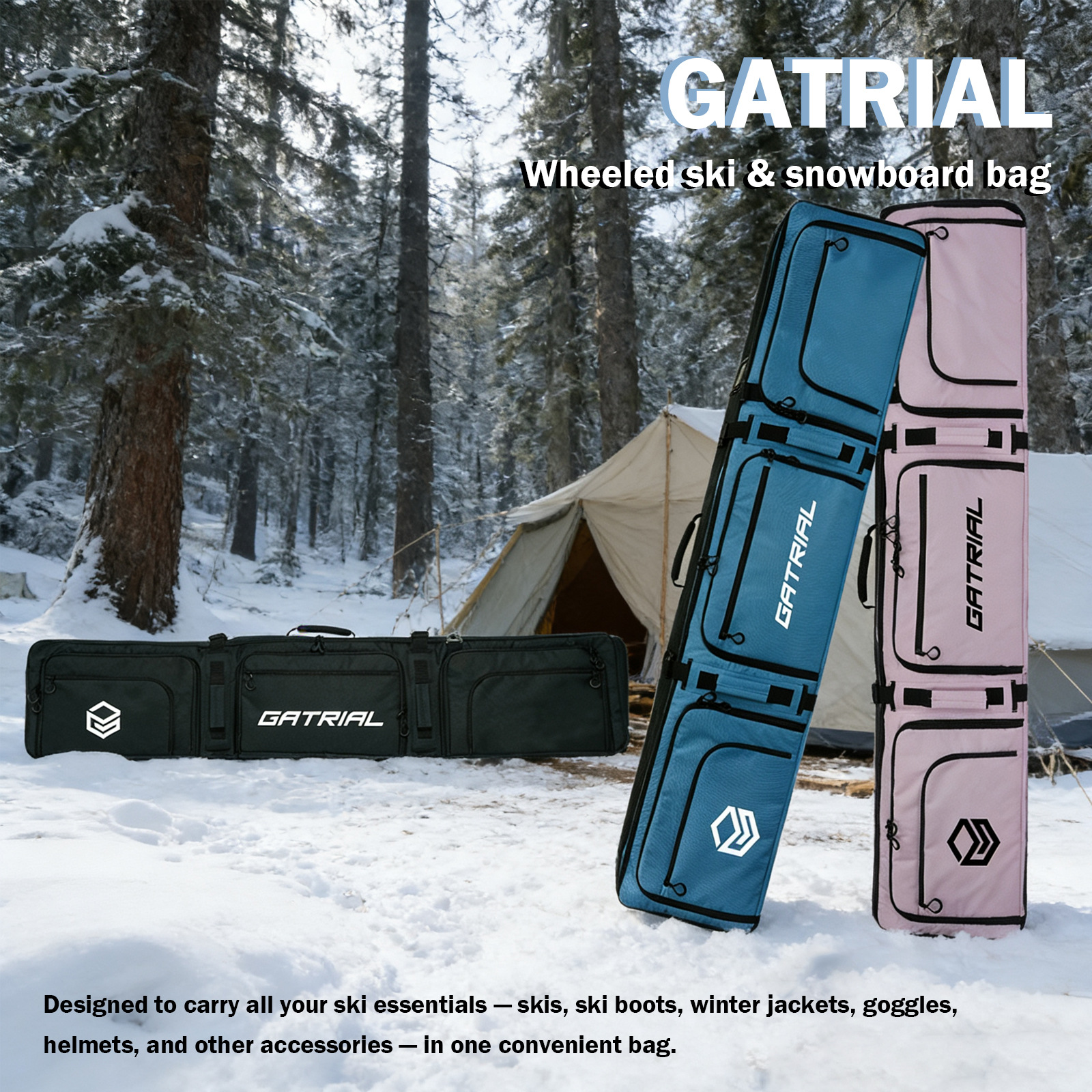 GATRIAL ski bag with wheels, large capacity, multiple pockets, and a separate compartment for ski boots, designed for easy transport