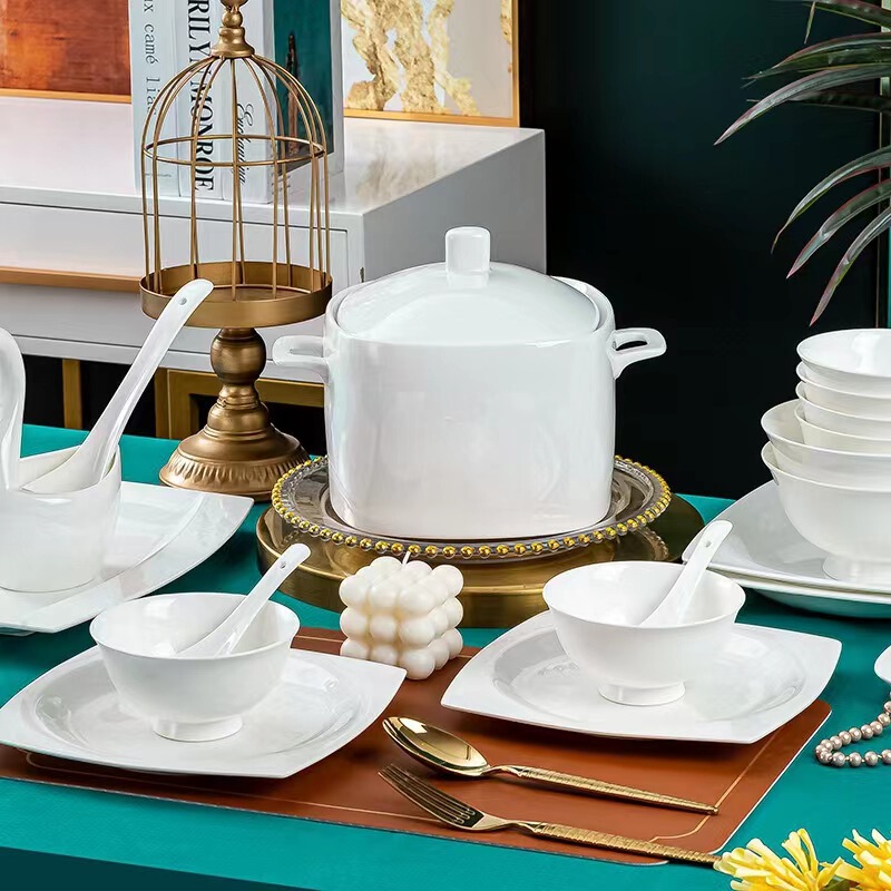 Underglaze Color Bowl and Dish Set, High-End Bone China Tableware, White Bowl and Dish, Household Full Set, Simple Bowl and Chopsticks Gift