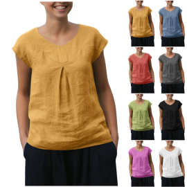 25欧美跨境外贸夏季新款女式上衣休闲宽松纯色短袖V领棉麻女士T恤