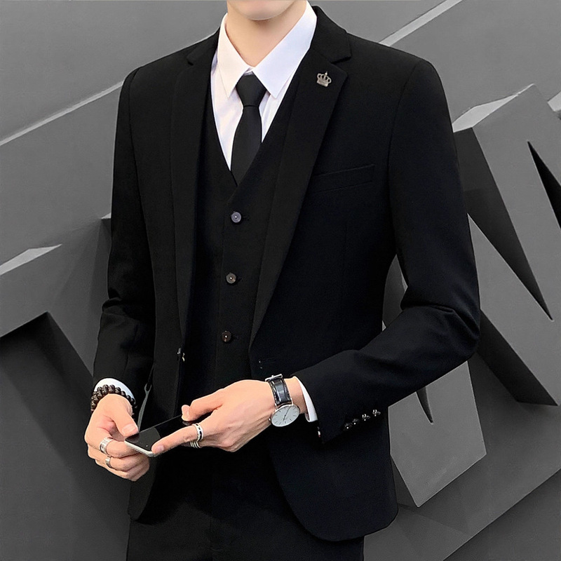 Groom's Wedding Suit, High-End Men's Black Casual Slim Korean Style Small Suit Dress, Handsome Jacket