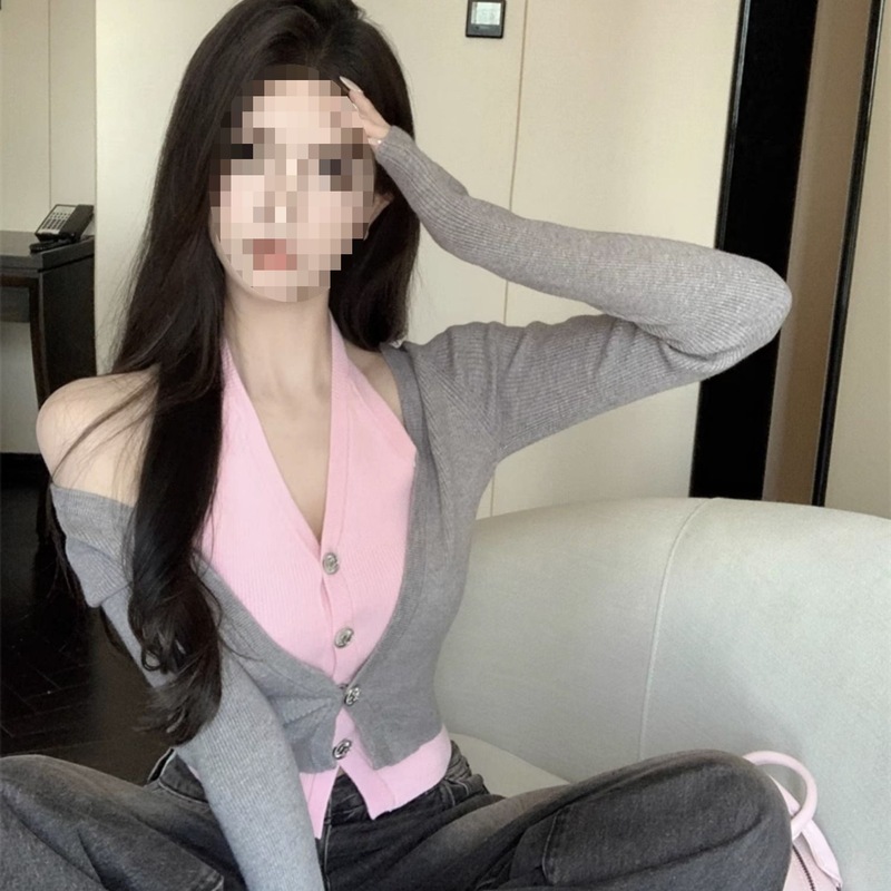 长袖针织开衫女设计早秋修身短款上衣慵懒风假两件感领毛衣拼接|undefined