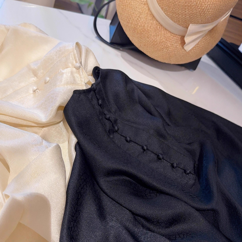 Charming Oriental Charm ~ Early Autumn New Chinoiserie Silk Flower Top Round Neck Half Placket Pleated Long-Sleeved Shirt for Women