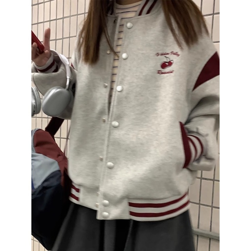 春秋新款设计感小众飞行员百搭夹克美式复古樱桃刺绣棒球服外套女|undefined